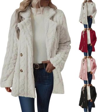 Generic Womens Fluffy Fleece Coats Elegant Lapel Double Sided Plush Jackets Classic Plain Long Sleeve Overcoat Casual Thermal Open Front Cardigan Warm Trench 