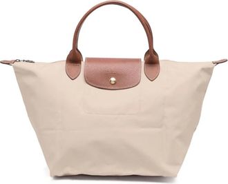 Longchamp Tote Bags, female, Beige, Size: ONE SIZE Beige Canvas Handbag with Leather Trim