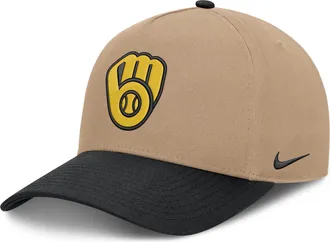 Nike Milwaukee Brewers Rise Nike Mens MLB A-Frame Trucker Adjustable Hat in Brown | NB1D0A3UMZB-TZD