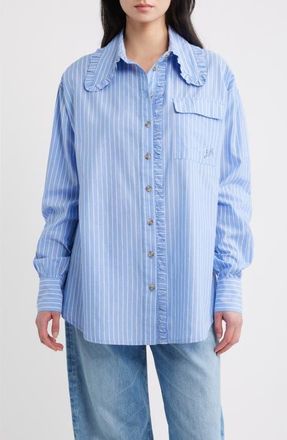 Damson Madder Kendall Ruffle Stripe Organic Cotton Shirt in Blue at Nordstrom, Size 12