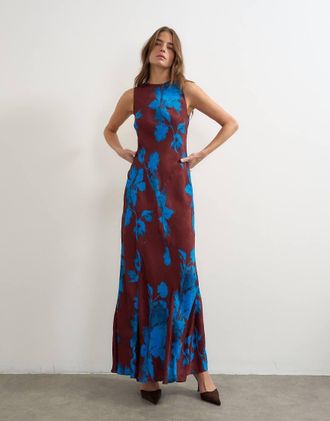 Topshop vestito midi con scollo a vogatore in jacquard floreale su base scura-Multicolore