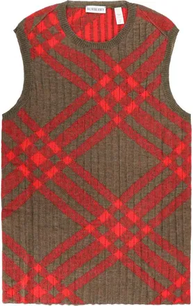 Burberry Gebreide Vest met Check Intarsia - Dames - Ronde hals truien - Rood - S - Wol - Truien & Vesten