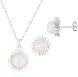 Splendid Pearls 8.5-9mm White Freshwater Pearl & CZ Halo Pendant Necklace & Stud Earrings Set at Nordstrom Rack