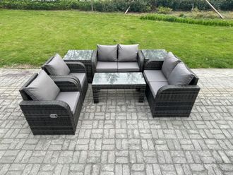 Fimous 7 Piece Rattan Garden Furniture Set Outdoor Patio Sofa, Table & Chairs Garden Table Ideal for Pool Side, Balcony, Outdoor Set in Dark Grey