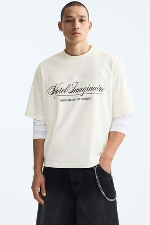 H&M Oversized Fit Printed Mesh T-shirt in Cream/hotel Imaginaire at Nordstrom, Size Xx-Large