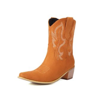 Generic Womens Western Cowboy Boots in Suede Fabric with Rhinestone Embroidery Pointed Toe Block Heels Vibrant Color Soft Inner Lining Durable Non-Slip Outsol