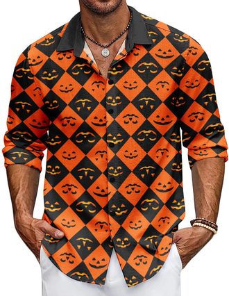 Generic Halloween Mens Long Sleeve V-Neck Shirt - Pumpkin Autumn Winter Casual Button T-Shirt (UK, Alpha, 5XL, Regular, Regular, 11)
