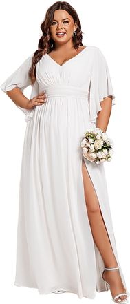 Ever-pretty Women Dress Maxi Bridesmaid Dress High Slit and Double V Backless Ruffle Sleeves Chiffon White 12