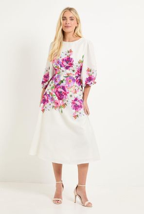 Wallis Womens Petite Floral Balloon Sleeve Midi Dress - White - Size 12 UK