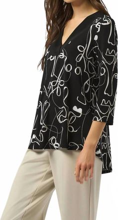 Joseph Ribkoff Face Print V-Neck 3/4 Sleeves Asymmetric Top In Black/moonstone