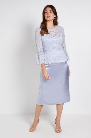 Wallis Womens LACE RUFFLE SLEEVE PENCIL DRESS - Blue Cotton - Size 10 UK