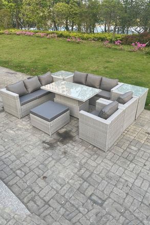 Fimous Rattan Garden Funiture Set Height Adjustable Rising Lifting Table Sofa Dining Set Lounge Chair in Light Grey