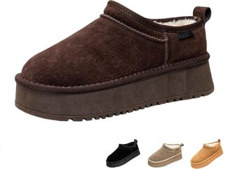 Generic New Womens Winter Platform Slippers, Genuine Suede Slip-On Ankle Boots, Warm Comfortable Plush Fur Lined House Shoes Snow Boots for Indoor Outdoor,Cof