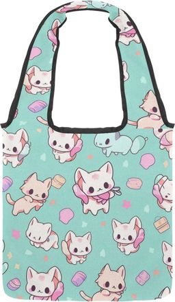 Generic Cute Cartoon Kitten Reversible Canvas Shoulder Tote - Double-Sided Print, 12oz Cotton, 27cm Drop, Fold-Flat Bag for Travel, Shopping, Street Outings