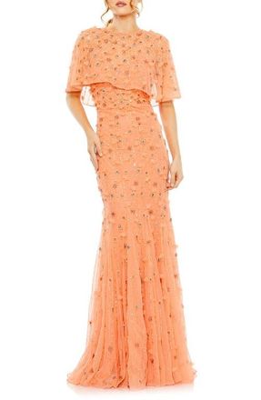Mac Duggal Womens Embellished Illusion Cape Sleeve Trumpet Gown in Coral at Nordstrom, Size 16