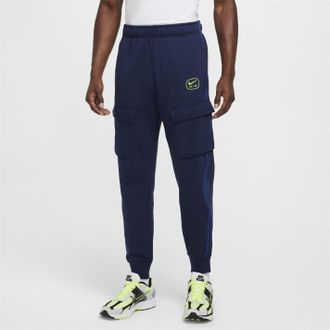 Nike Mens NSW SW AIR CARGO PANT FLC BB in Navy/Volt - Blue - Size Small