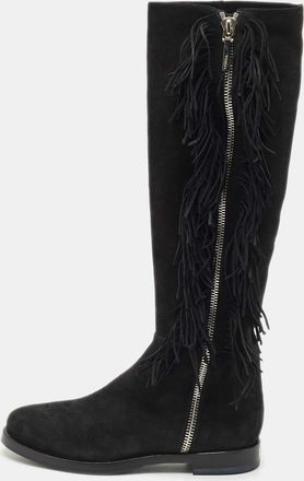 Le Silla Black Suede Fringe Trim Knee Length Boots