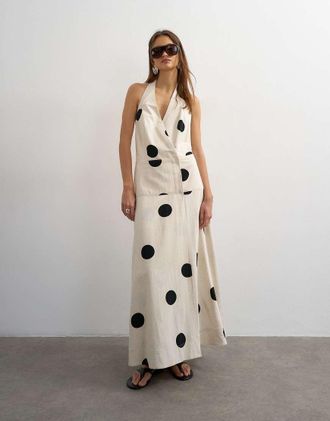 Topshop Vestito lungo avvolgente premium allacciato al collo con pois monocromatici naturali-Bianco