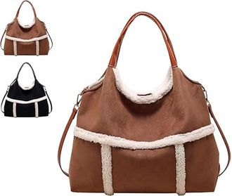 Generic Vintage Large Capacity, Women Suede Tote With Faux Lamb Lined Capacity Plush Shoulder Bag Crossbody Handbag for Work Travel Purse (Brown)