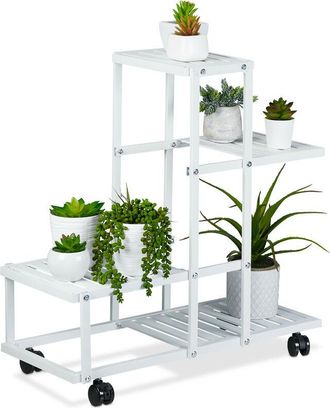 Relaxdays Relaxdays - Plant Stand, 4 Shelves, Plantpot Steps for Flowers & Herbs, Metal, with Castors, 60.5 x 61.5 x 26 cm, White