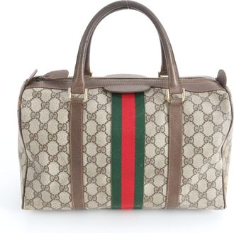 Gucci Beige Brown Leather Coated Canvas Boston Bag Tote Bag (Pre-Owned)