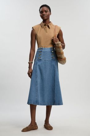 Karen Millen Womens Denim Button Front Skirt - Blue Cotton - Size 14 UK