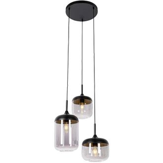 QAZQA Qazqa Dise&ntilde;o L&aacute;mpara Colgante Negra Con Dorado Y Cristal Ahumado 3 Luces Redonda - Kyan Vidrio /acero Redonda Adecuado Para Led Max. 3 X 40 Watt