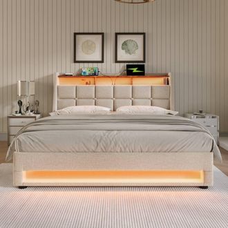 Merax Vintage LED Upholstered Storage Bed with Charging Headboard in Beige | Size: King