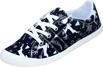 Generic Fashion Autumn Winter Women Casual Flat Shoes Round Toe Lace Up Comfort Non Slip Sole Christmas Holiday Print Design Daily Walking Footwear (Black, 4.