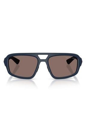 Prada 57mm Polarized Irregular Sunglasses in Rubber Blue /Light Brown at Nordstrom