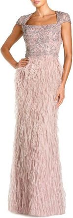 Mac Duggal Embellished Cap Sleeve Feather Gown in Mocha at Nordstrom, Size 16