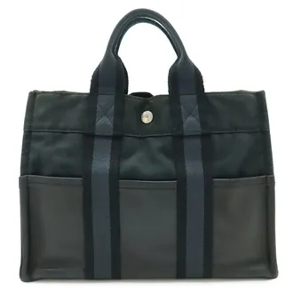 Herm&egrave;s Black Navy Canvas Leather Handbag Tote Bag (Pre-Owned)