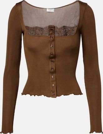 Saint Laurent Lace-trimmed ribbed-knit silk jersey top