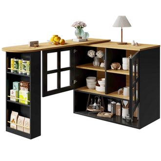 STILVORA Mobile Bar Con 2 Ante In Vetro, 3 Ripiani Laterali, 3 Ripiani Regolabili, Girevole A 360&deg;, In Mdf, 138-204 X 39 X 102,5 Cm, Nero