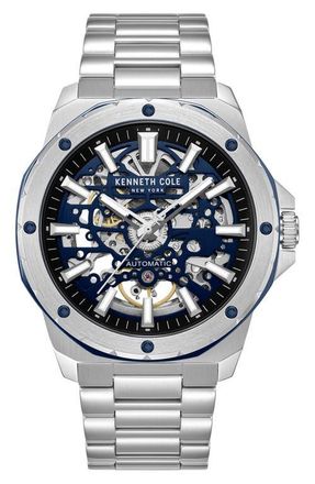 Kenneth Cole The Hollis Skeleton Automatic Bracelet Watch, 45mm in Silver at Nordstrom