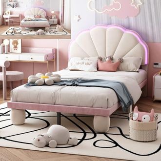 OEM Cama Lit - Lazyspace - 90x200 Cm - Cabecero Led - Terciopelo Beige Y Rosa - 1 Plaza
