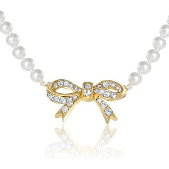 Juicy Couture Pearl Necklace with Pav&eacute; Bow, Gold-Tone Accents in White, Gold Tone at Nordstrom