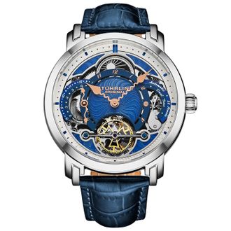 Stührling Mens Celestial Timekeeper 1017 Dual Time Automatic Skeleton Watch - Blue - One Size