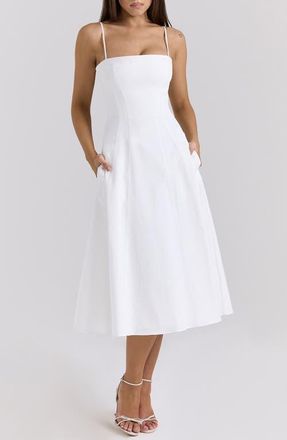 House of CB Dolly Seamed Stretch Cotton Twill Midi Sundress in Cloud Dancer at Nordstrom, Size X-Large