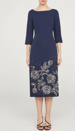 JS Collections Delilah Floral Beaded Cocktail Midi Dress in Navy at Nordstrom, Size 12