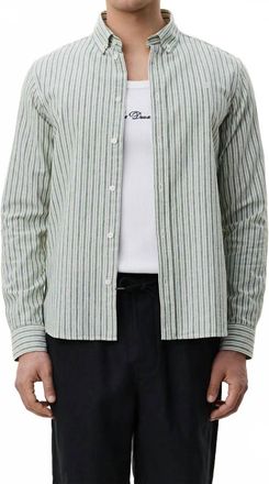 Les Deux Stripe Cotton Linen Shirt In Artichoke Green