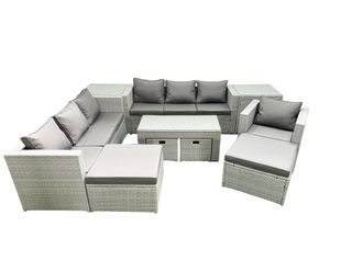 Fimous Outdoor Rattan Garden Furniture Set with Grey Cushions Luxury 11 Seater with Coffee Table & 2 Side Tables For Conservatory, Patio in Light Grey
