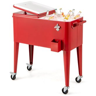 Costway Costway 75 L Rolling Ice Chest Portable Patio Cooler on Wheels w/Bottle Opener in Red