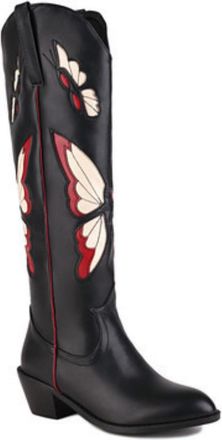 Generic Womens Chunky Heel Western Cowboy Boot Pull on Knee High Boots with Embroidery Stitched Round Toe PU Leather Long Boots,Black2,2.5 UK