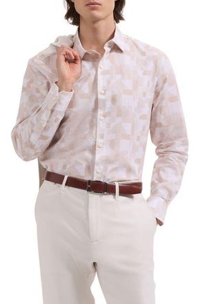 Bugatchi Julian Shaped Fit Abstract Geometric Print Cotton & Linen Button-Up Shirt in Desert at Nordstrom, Size Xxx-Large