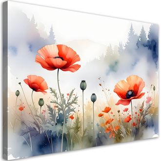 Feeby Cuadro En Lienzo Amapolas De Campo Flores Bosque Paisaje En Tonos Pastel 100x70