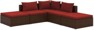 vidaXL Set Sof&aacute;s De Jard&iacute;n 5 Piezas Y Cojines Rat&aacute;n Sint&eacute;tico Marr&oacute;n Vidaxl