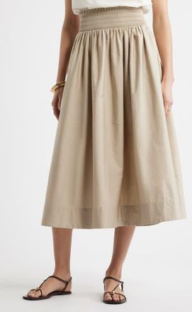Nordstrom Smocked Cotton Midi Skirt in Tan Plaza at Nordstrom, Size Xx-Large