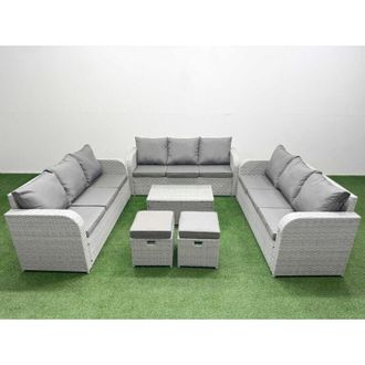 Fimous Pe Rattan Lounge Sofa Set 11 Seater Outdoor Garden Furniture Set with Rectangular Coffee Table 3 Seater Sofa 2 Stools 2 Side Table Light Grey - Fimous