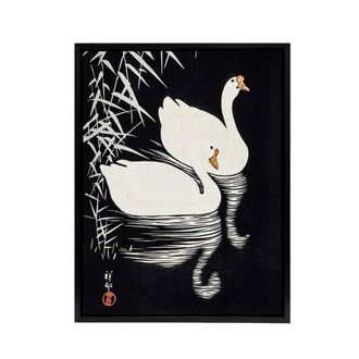 Artery8 Geese Swimming By Reeds Framed Canvas Wall Art Print Ohara Koson in Black | Size: W24 x H32